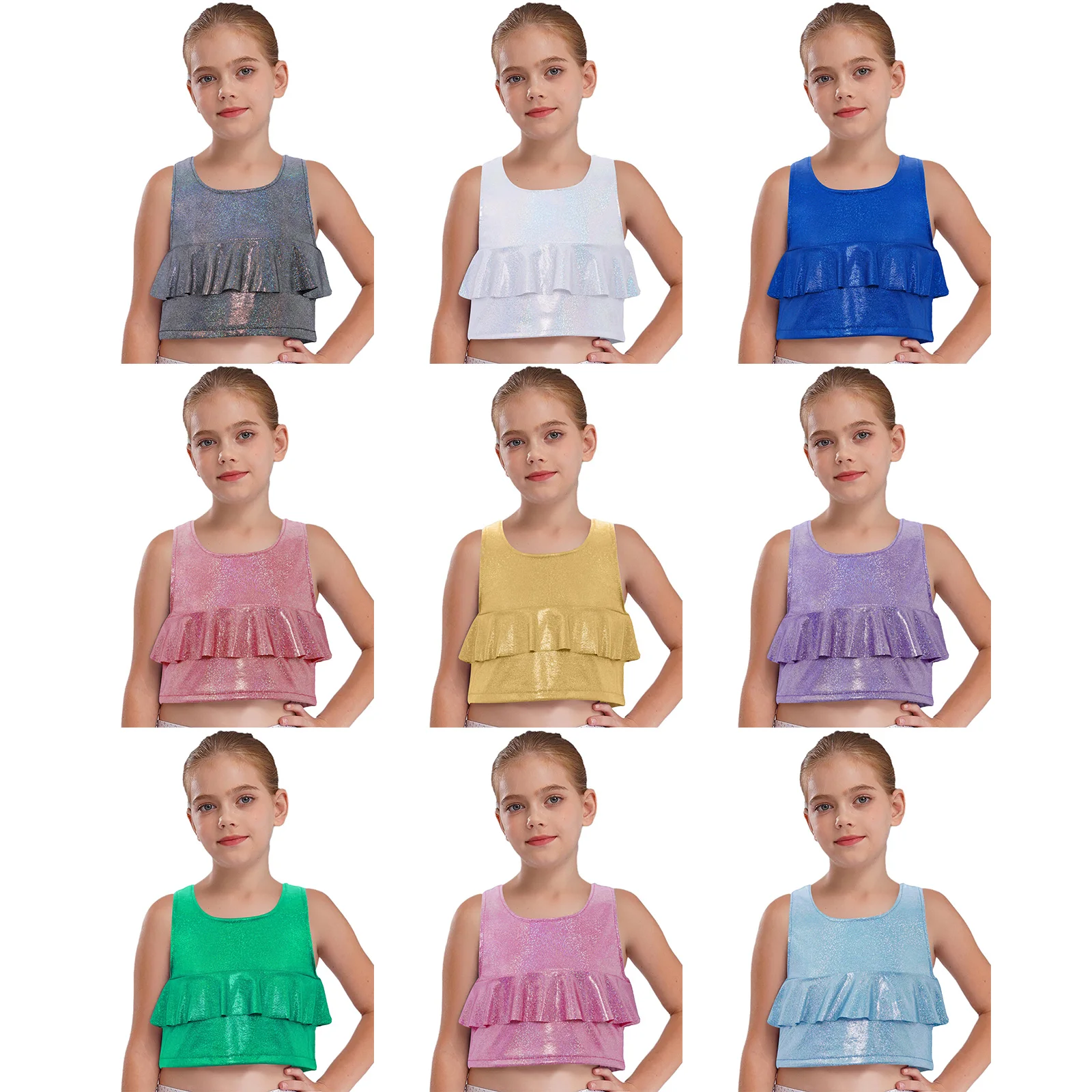 Kind Mädchen Rüschen Metallic Weste Crop Top Ärmellose Tank Tops für Cheerleading Jazz Dance Bühne Show Performance Gymnastik
