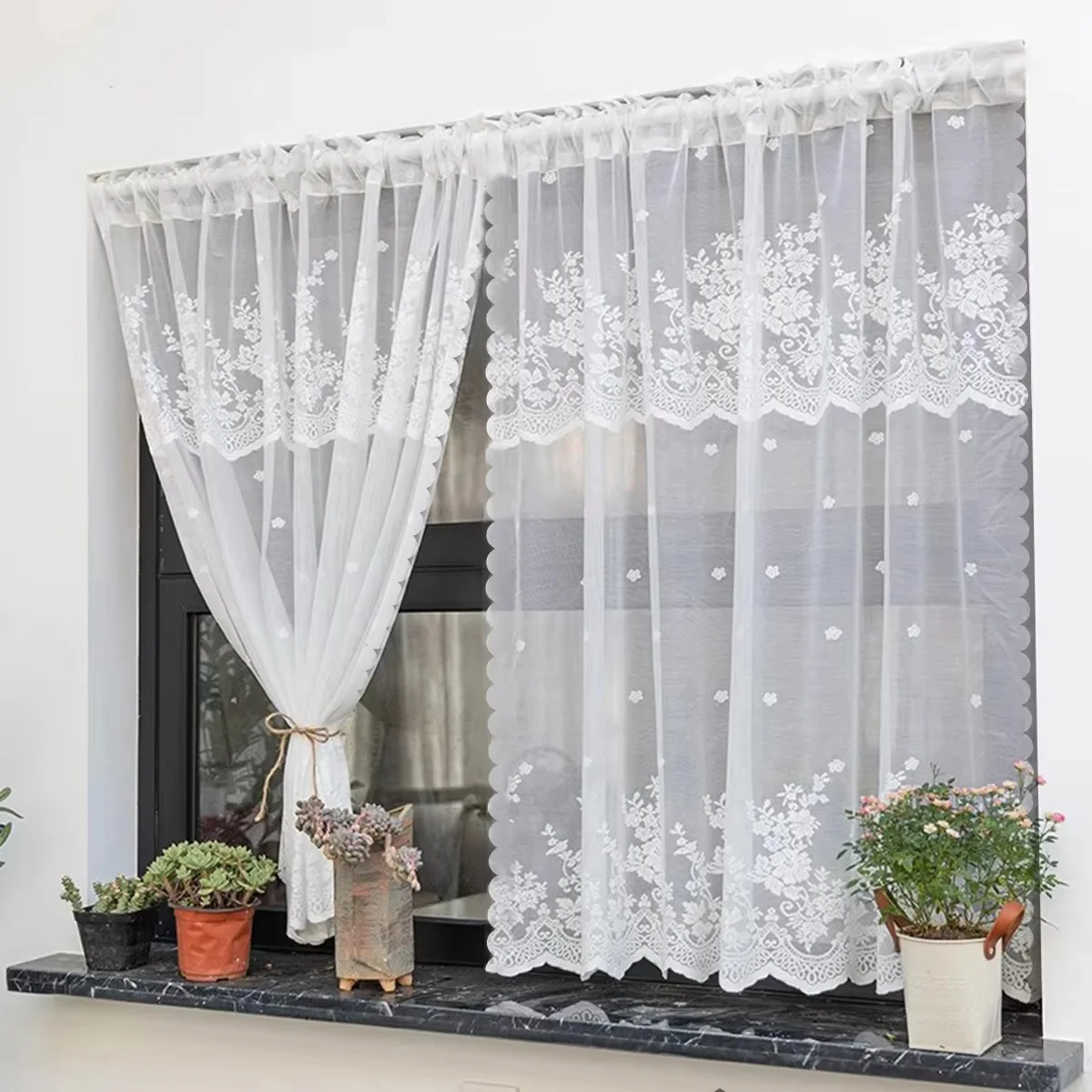 1pc Embroidered White Tulle Sheer Curtains for Living Room Luxury European Lace Voile Yarn Window Bedroom Door Floral Drapes