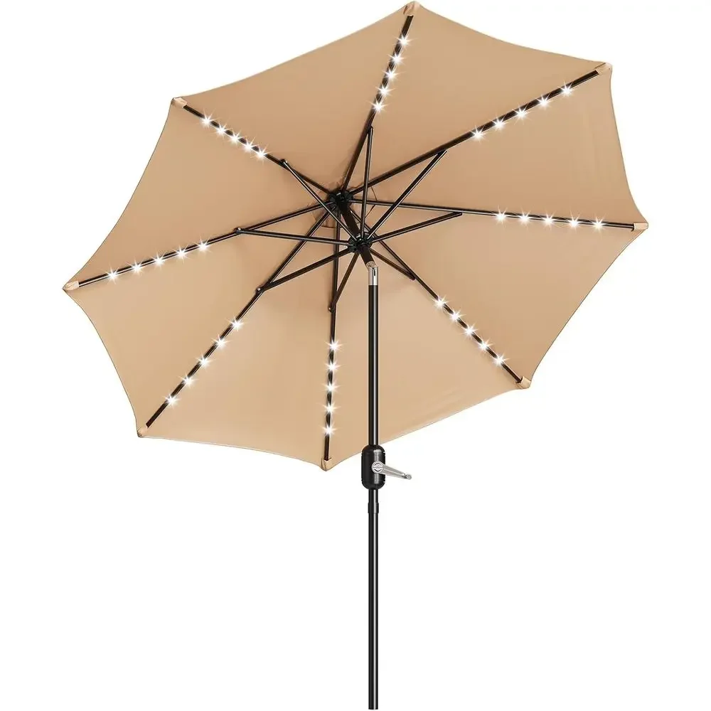 10-Foot Patio Umbrella with 40 LED Lights, Crank Lift, 8 Ribs, Suitable for Outdoor Tables, Poolside, Deck, Backyard, Tan Color