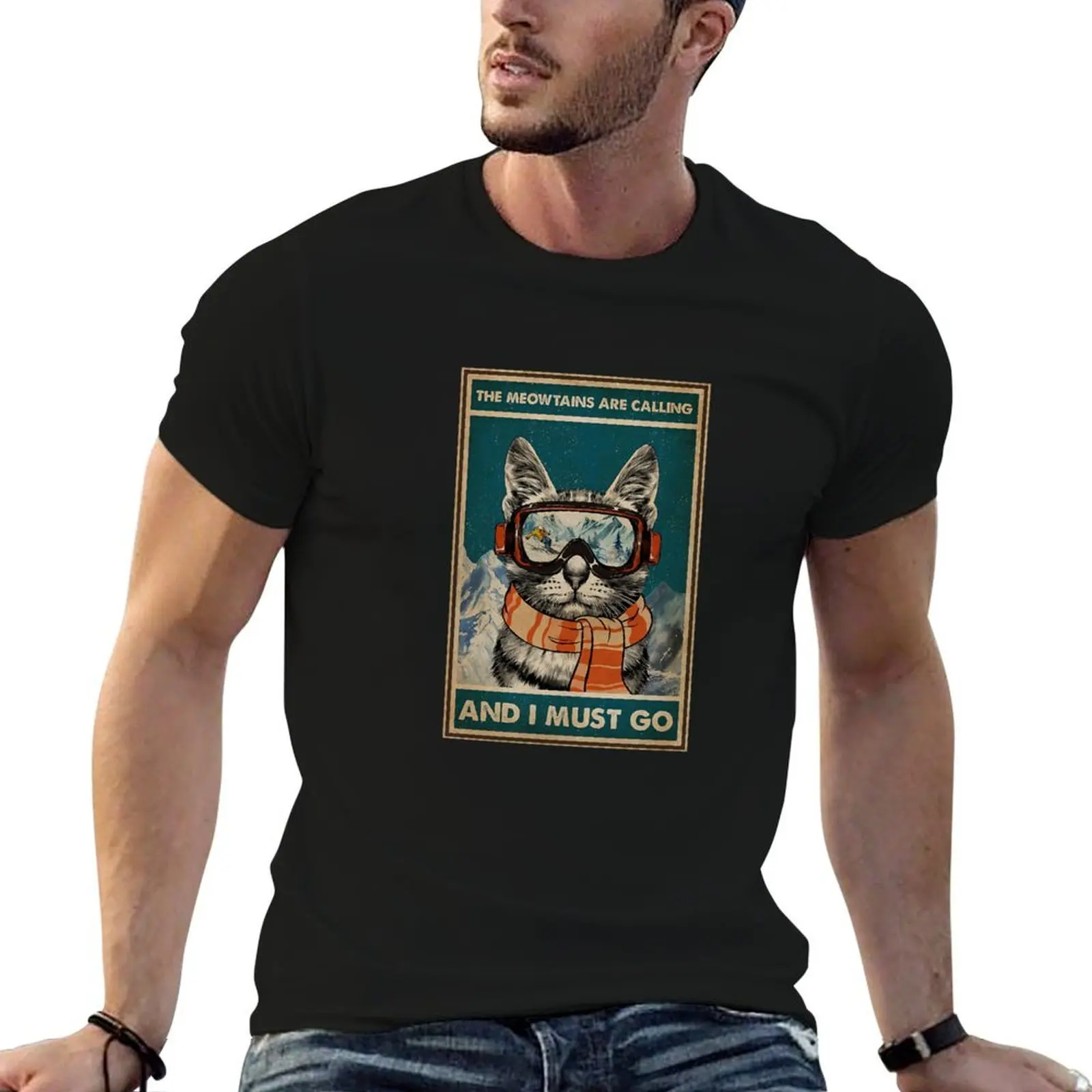 Skiing The meowtains are calling and i must go Cat T-Shirt animal prinfor boys anime clothes t shirts men