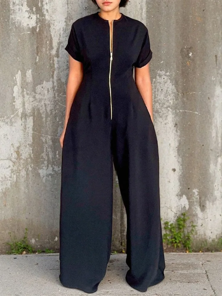 Yeezzi 2026 New Summer Women Zipper Black Wide Leg Jumpsuits Short Sleeves Round-Neck High Waist Casual Office Overalls