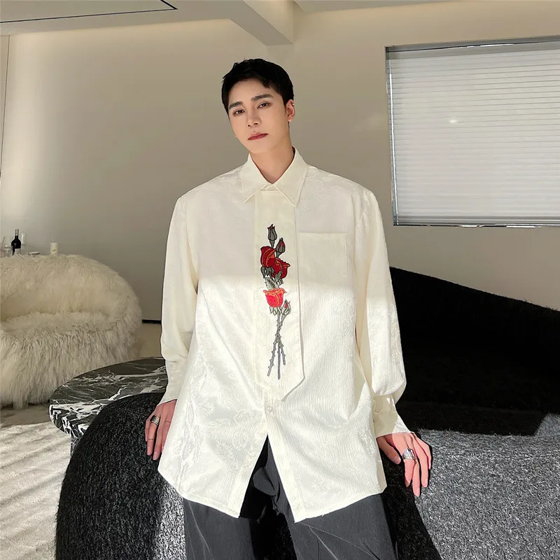 

Мужская рубашка свободного кроя в китайском стиле с вышивкой розами, воротником-бантом, винтажный дизайн, из полиэфирного волокна, с длинными рукавами
