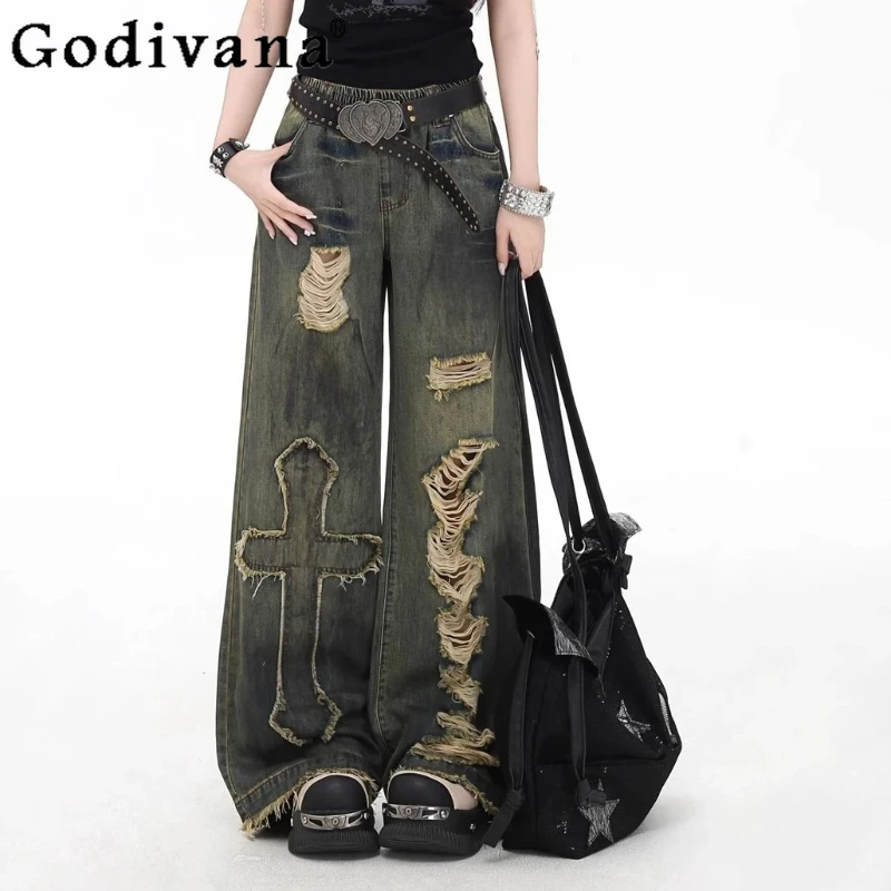 

Spring Autumn New Personality Girl Y2K Retro Color Wide Leg Ripped Denim Trousers High Waist Fashion Versatile Loose Long Jeans