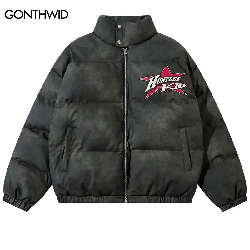 Winter Leather Jackets Y2K Embroidered Star Thick Warm Padded Coats Parkas Vintage Hip Hop Casual Waterproof Windbreaker Jacket