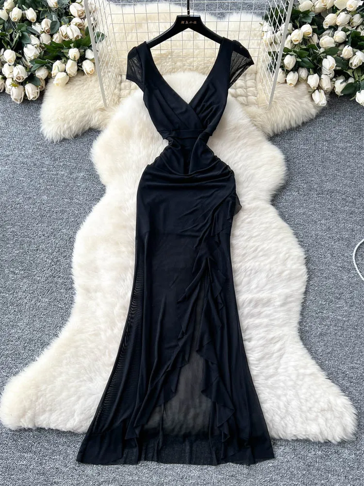 فستان صيفي نسائي بخصر مرتفع وخط A مع تطريز الدانتيل وفتحة جانبية، فستان ميدي بأكمام قصيرة على الطراز الكوري، فستان طويل ضيق.