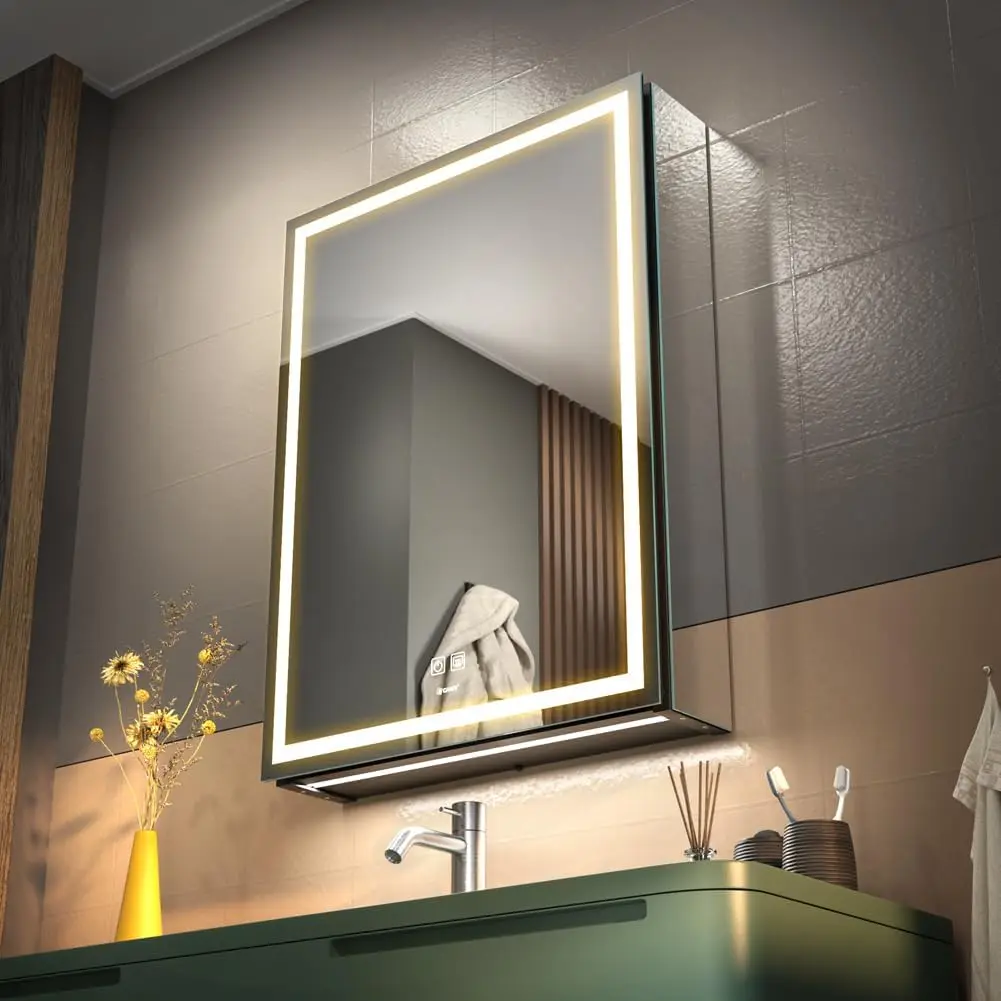 LED Lighted Bathroom Medicine Mirror Cabinet with Sockets & USBs, Anti-Fog Dimmable Light and Color Adjustment, Antirust