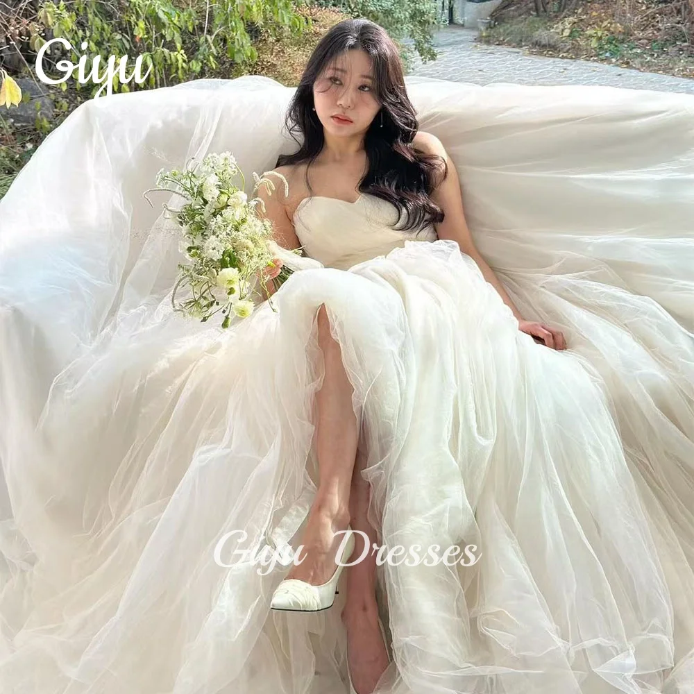 Giyu Princess A Line White Wedding Dress Sweetheart Collar Pleat Korea Photoshoot Tulle Floor-Length Fairy 웨딩드레스 Customized 2025