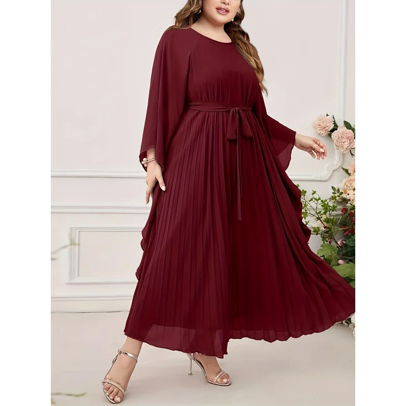 2024Spring and Autumn European and American New Cross-Border Amazon Dress Solid Color Pleated Temperament Chiffon Self-Tie Dress