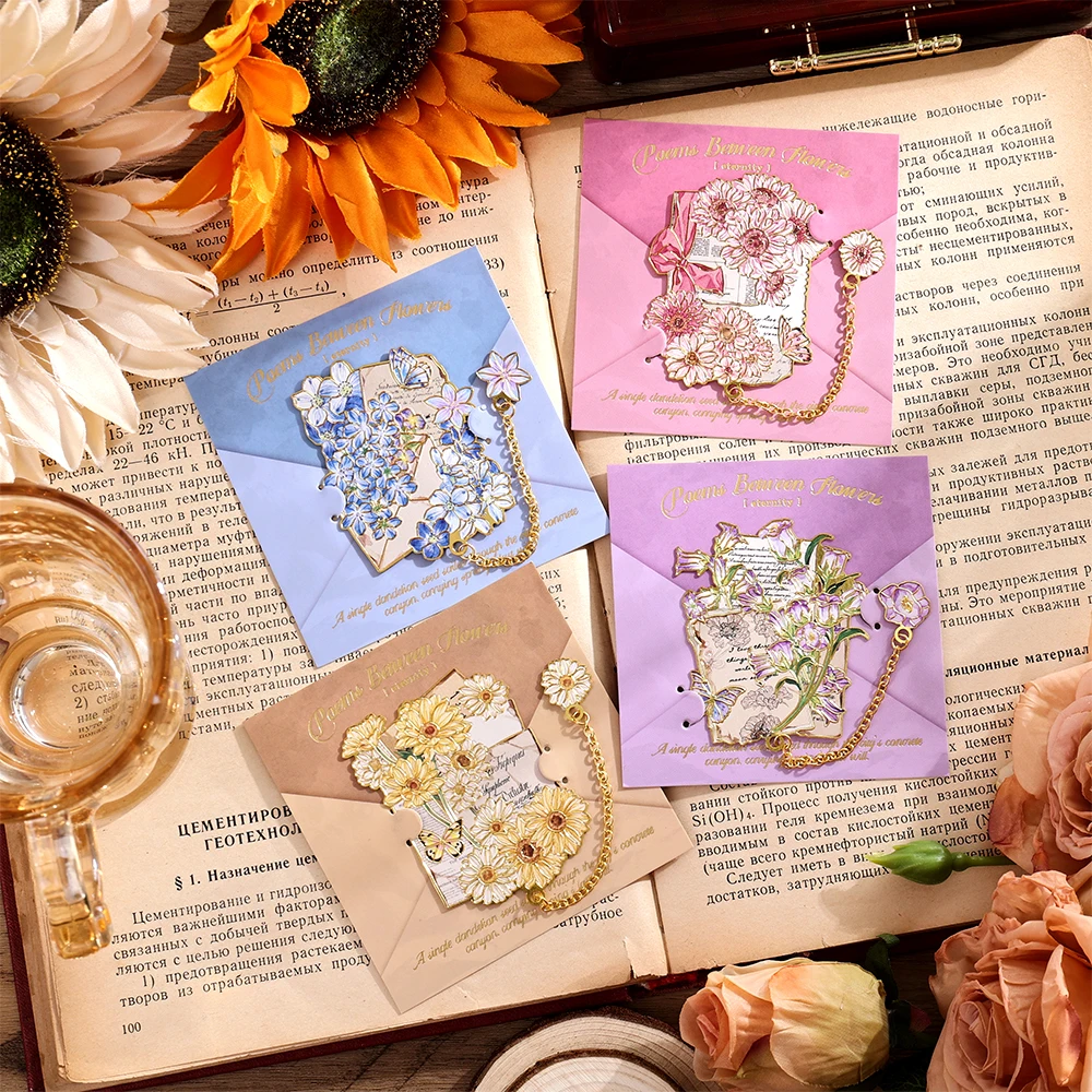 

1pc Vintage Flowers Poetry Metal Bookmark Exquisite Chain Pendant Design Stationery Gift for Birthday Writers Book Accessory