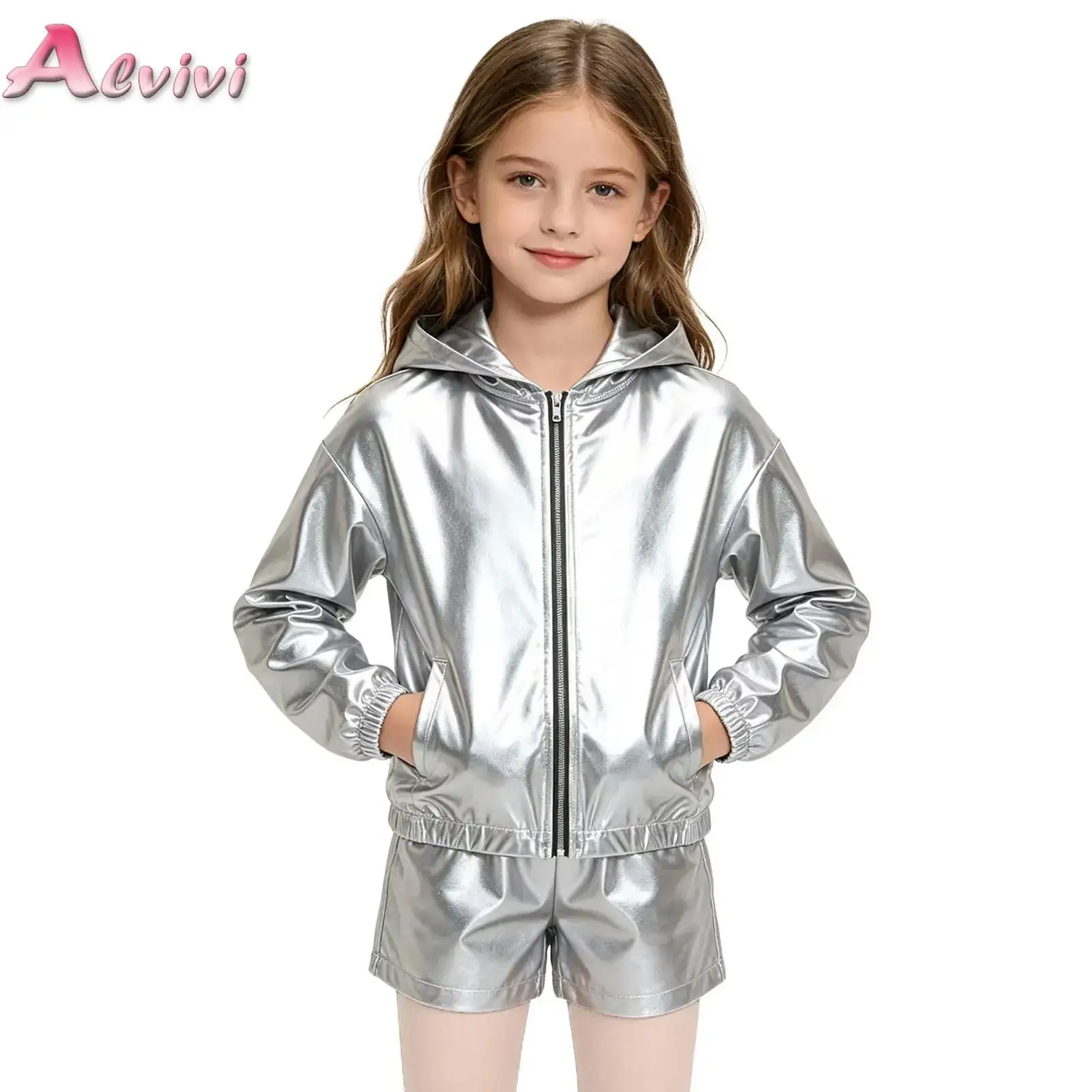 Kids Girls Metallic Hooded Jacket Long Sleeve Zipper Shiny Pockets Coat Outerwear for Hip Hop Dance Stage Performance Daily Life