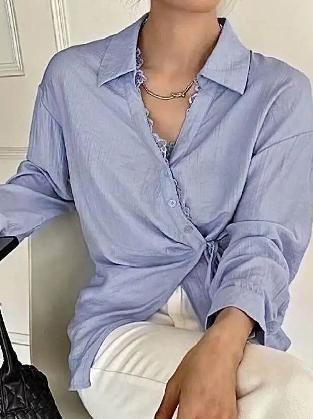 Women's AutumnTie-Waist Collared Shirt Long Sleeve Asymmetric Design Perfect for Casual Daily Styling