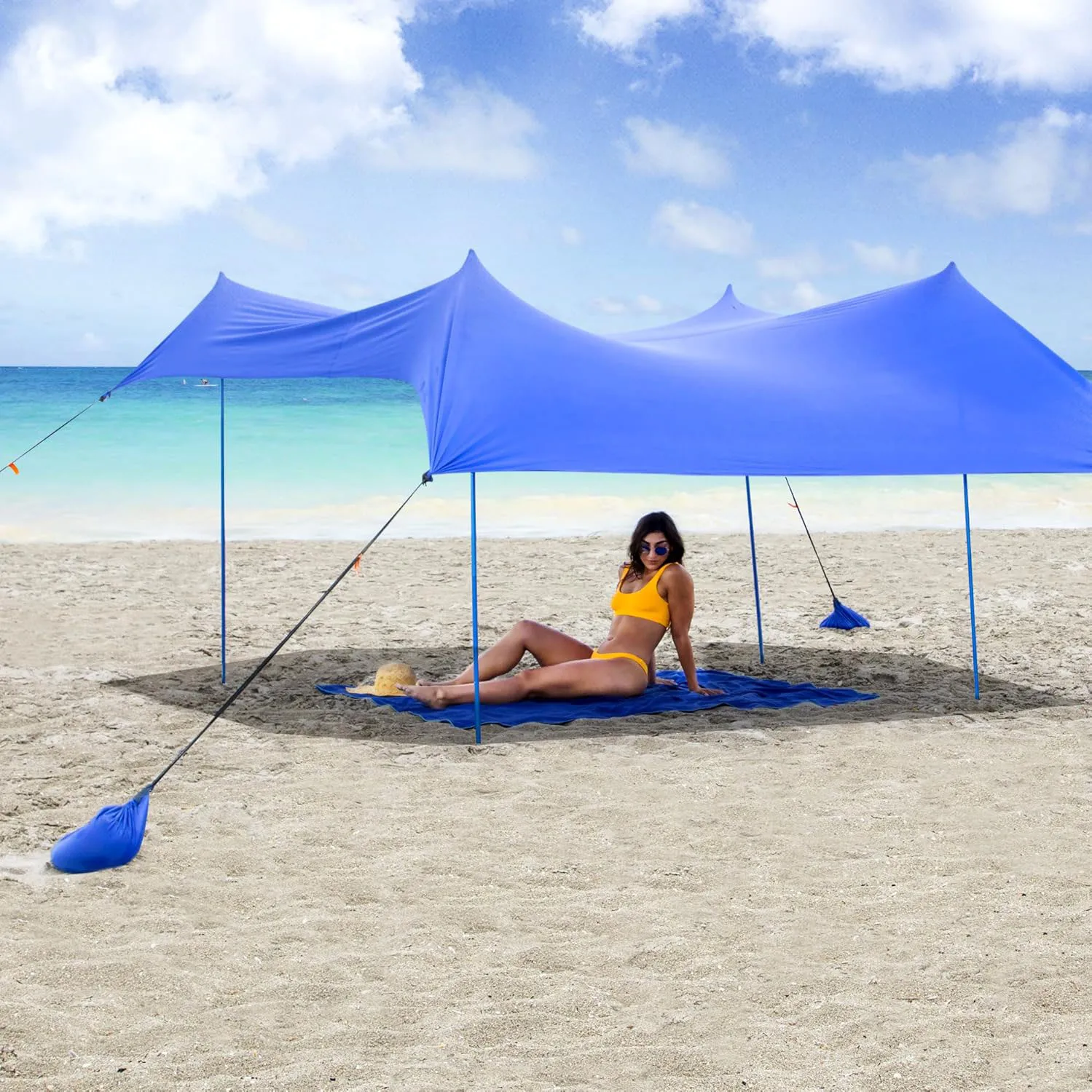 

Family beach tent and sunshade, UPF50 sunshade curtain, 4 aluminum poles, sand shovel, large portable sunshade.
