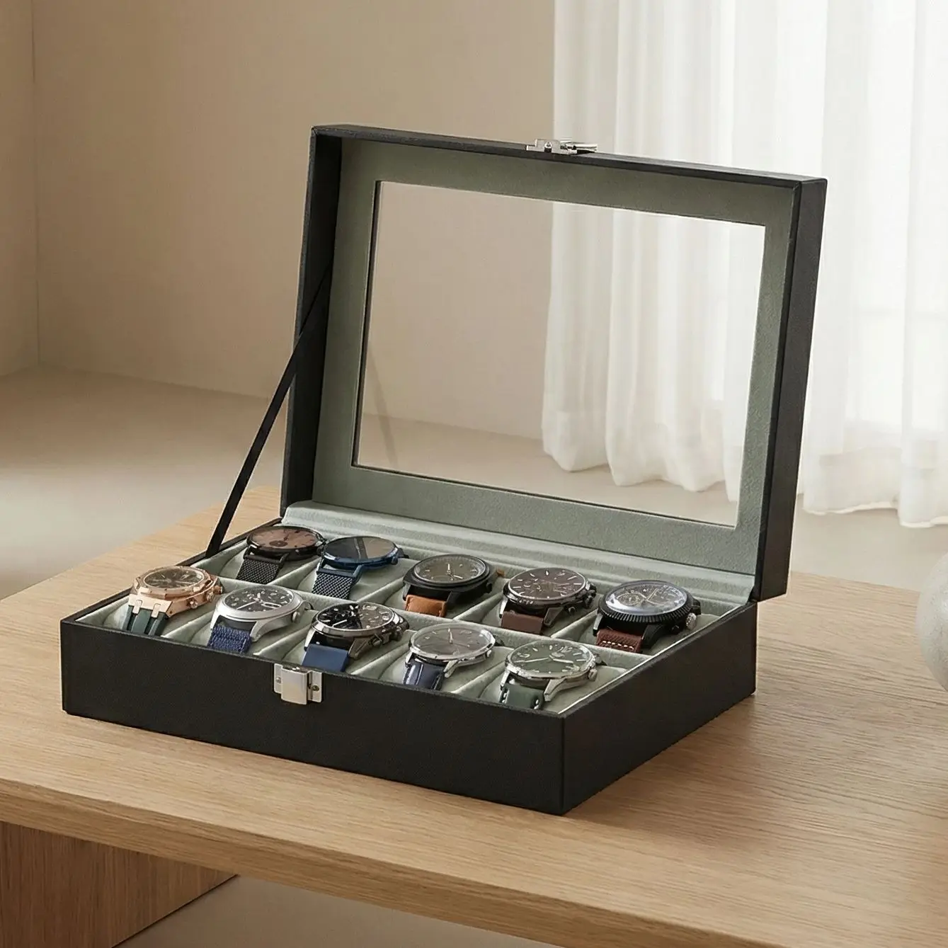 

Коробка для часов SONGMICS, органайзер для 10 часов с большой стеклянной крышкой, съемными подушечками, подарки на День святого Валентина