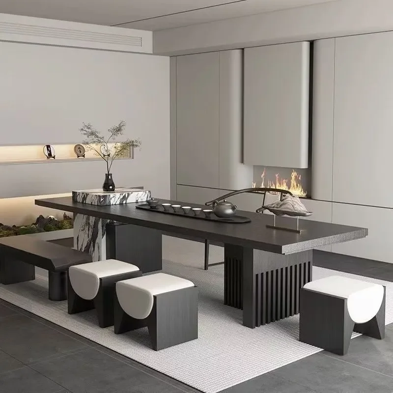 Modern Light Luxury Island Table with Chairs and Tea Table Combo Chinese Solid Wood Large Slab High End Simple Rock Slab Boss