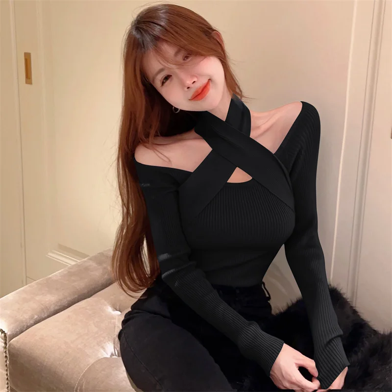 Women Fashion With Halter Neck Fitted Knit Sweater Vintage Long Sleeve Female Pullovers Chic Tops