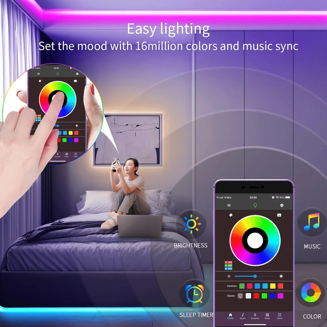 Smart RGB LED Strip Lights with App & 24-key Remote Control, USB Powered Dimmable Color Changing Light, 16 Million Colors