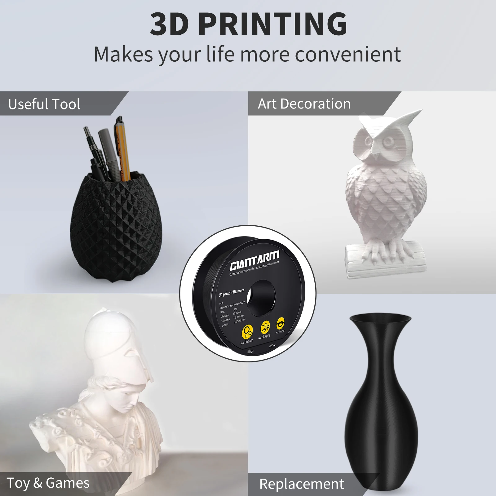 GIANTARM Matowy Filament PLA 1,75mm 1kg, Niebłyszcząca Matowa Powierzchnia Filamentu do Drukarek 3D +/-0,03mm do Druku 3D FDM — zdjęcie produktu 5