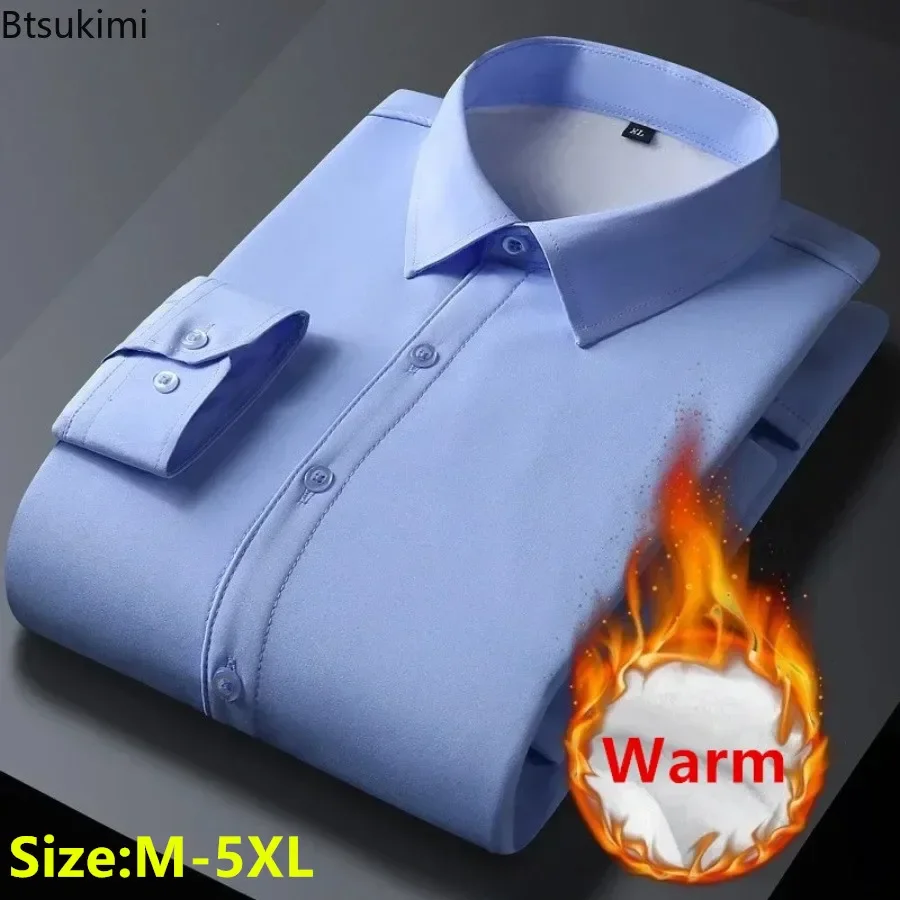 

Autumn Winter New Men's Long-sleeved Thick Fleece Warm Shirt Classic Solid Slim Fit Men Business Dress Shirt Casual Social Shirt