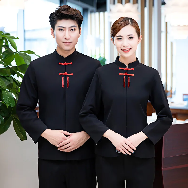 فندق العمل الزي الخريف الشتاء النساء إناء/ قدر مطعم شواء مطعم الشاي البيت النمط الصيني النادل كم طويل للجنسين #3