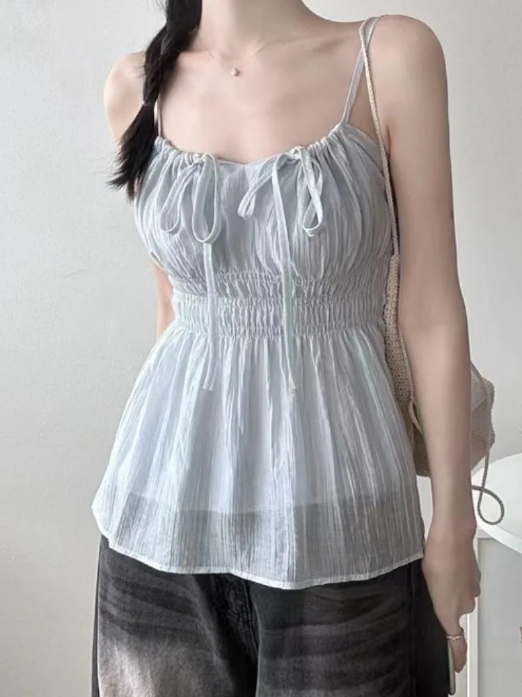 Textured Chiffon Top with Bow Tie Square Collar Slimming Pleats Sexy Strap Outerwear Commute Sle Polyester Fiber Thin Model