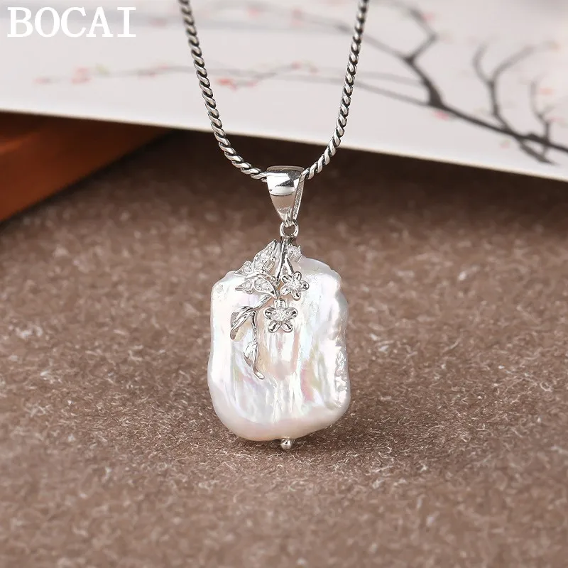

BOCAI New S925 Sterling Silver Jewelry Vintage Fashion Carved Patterns Freshwater Pearls Pendant Women's Selected Gift