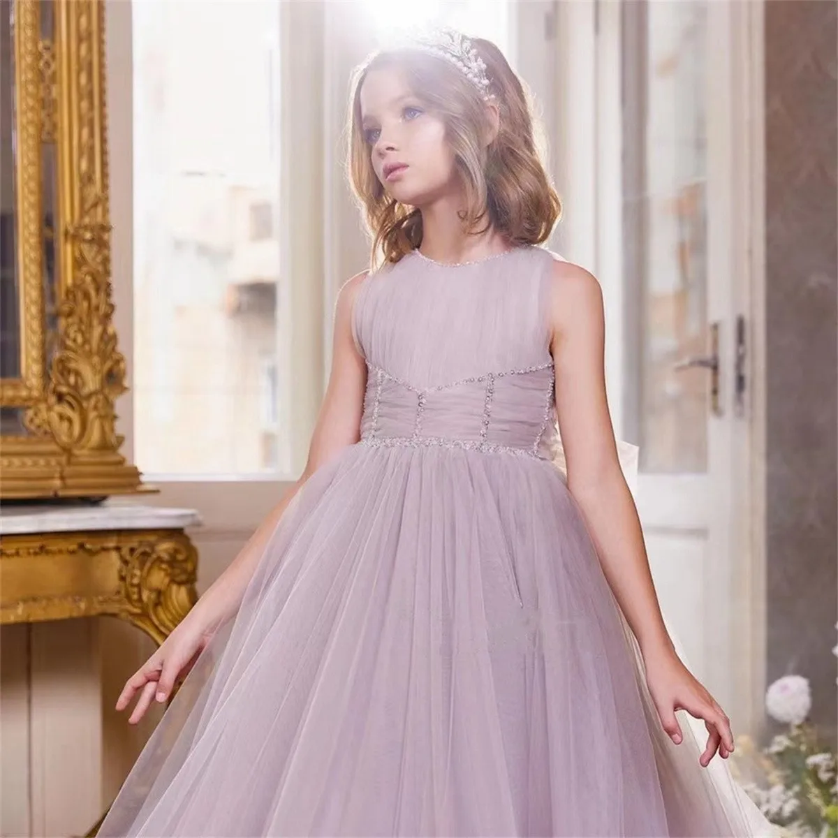 

Flower Girl Dresses Simple Purple Tulle Sleeveless A-line Sparkly Wedding Elegance Flower Child's First Communion Party Dress