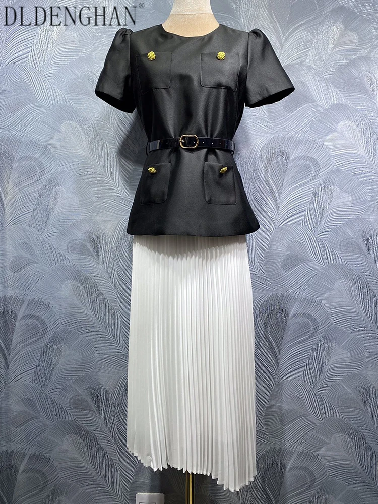 

DLDENGHAN Women O-Neck Short Sleeve Sashes Tops + Elastic Waist Pleated Skirt Office Lady 2-Piece Set Summer Fashion Female