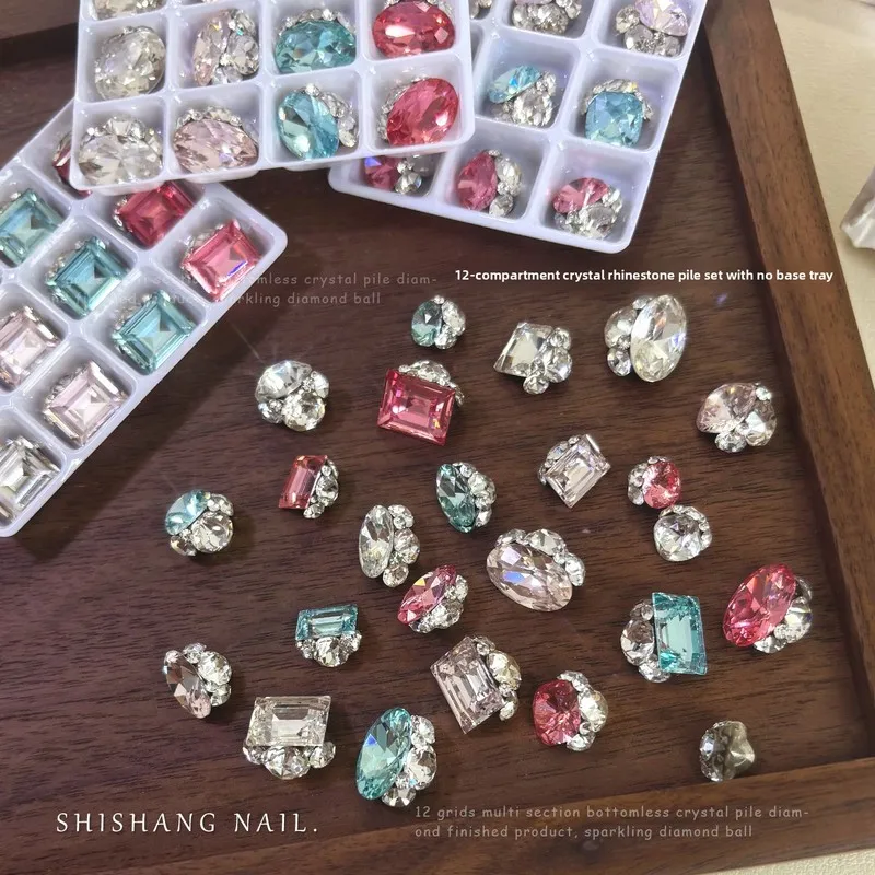 12 Grid Colorful K9 Crystal Rhinestone Cluster Nail Charms Flatback Pigeon Egg Finished Diamond Ball DIY Manicure Salon Supplies