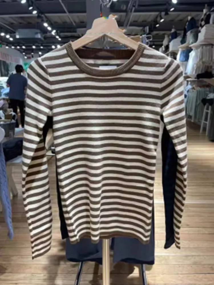 Vintage Women Brown Striped Tees 2022 Spring-autumn Fashion Ladies Retro O Neck Long Sleeve Female Chic Pullovers