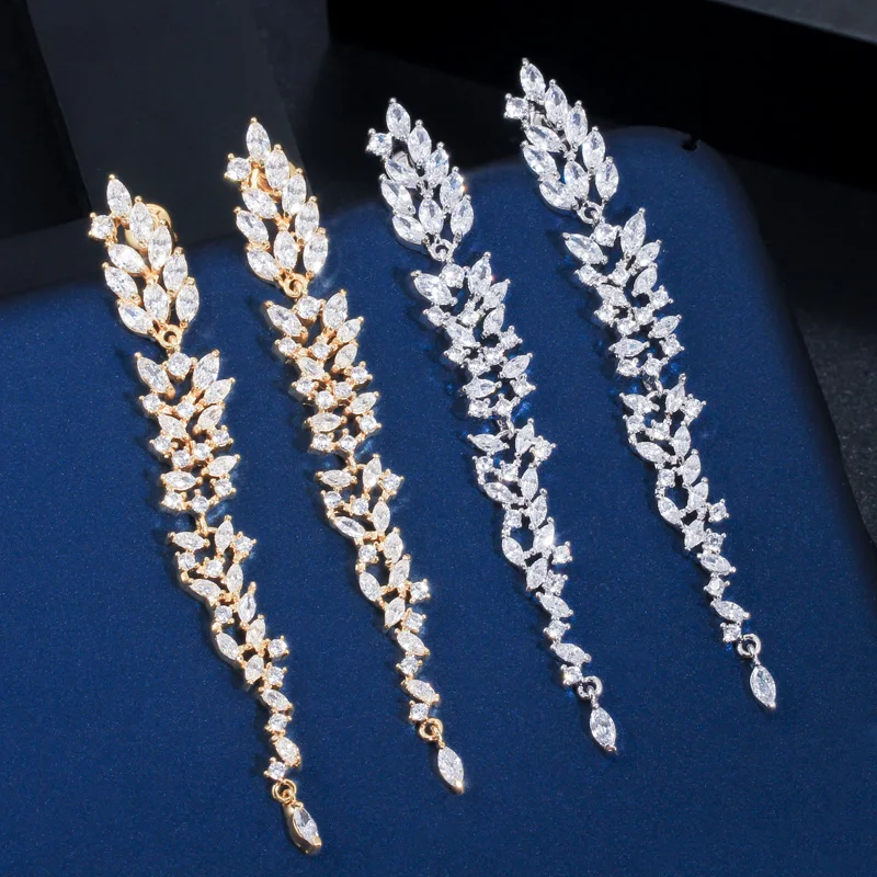 ThreeGraces Shining White Cubic Zirconia Gold Color Long Thin Dangle Drop Earrings for Women Fashion Bridal Party Jewelry E1416
