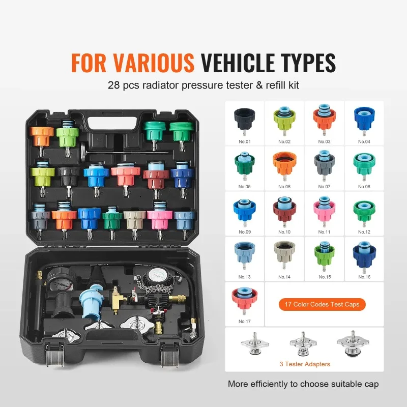 28 Pcs Universal Radiator Pressure Tester Kit Manual Pump Color Coded Steel Adapters Portable Tool Box for Car Motorcycle