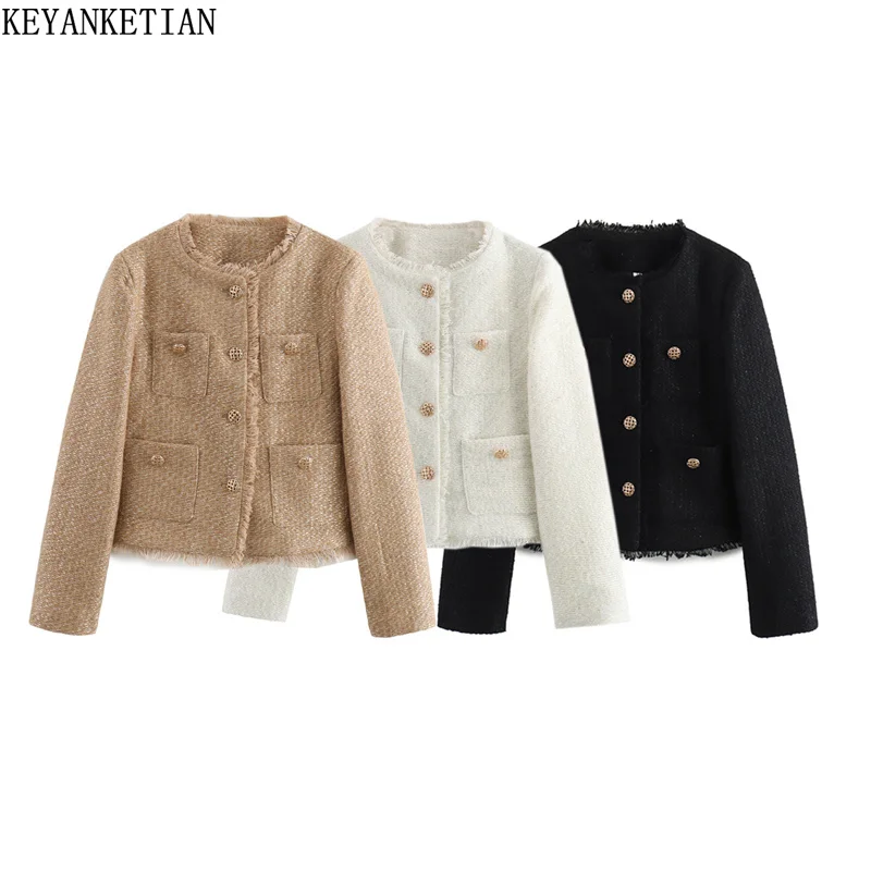 KEYANKETIAN 2024 New Women's Soft Tweed Tassel Suit Coat Autumn Pockets O-Neck Single Breasted Office Lady Straight Outerwear