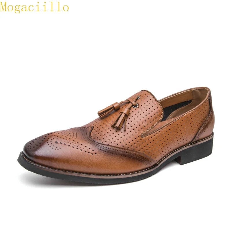 Brand Yellow Men's Tassel  Red Sole Loafers Large Size 39‑46 Perforated Breathable Wingtip Brogue Slip‑On Casual Leather Shoes - view 6