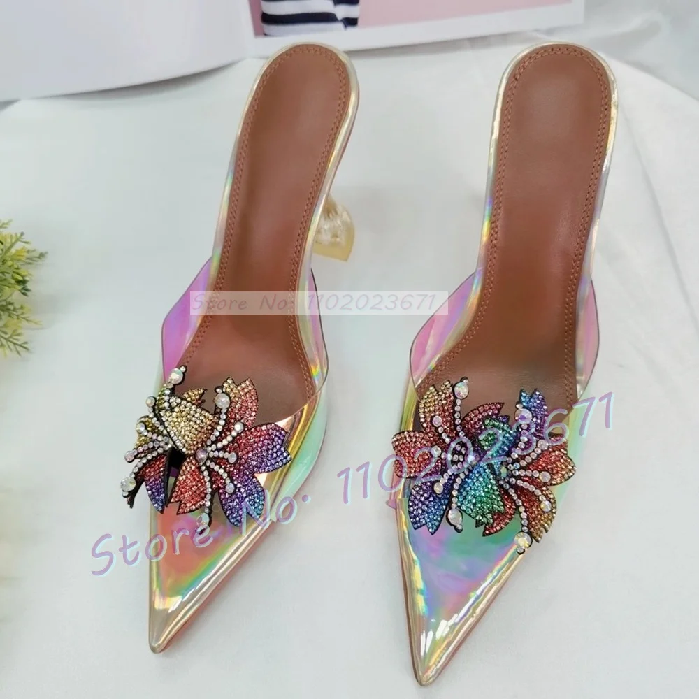 Crystal Flowers Pvc Slippers Women Colorful Pointy Bling Wine Glass Heel Shoes Summer Casual Outfit Multicolor Evening Mules