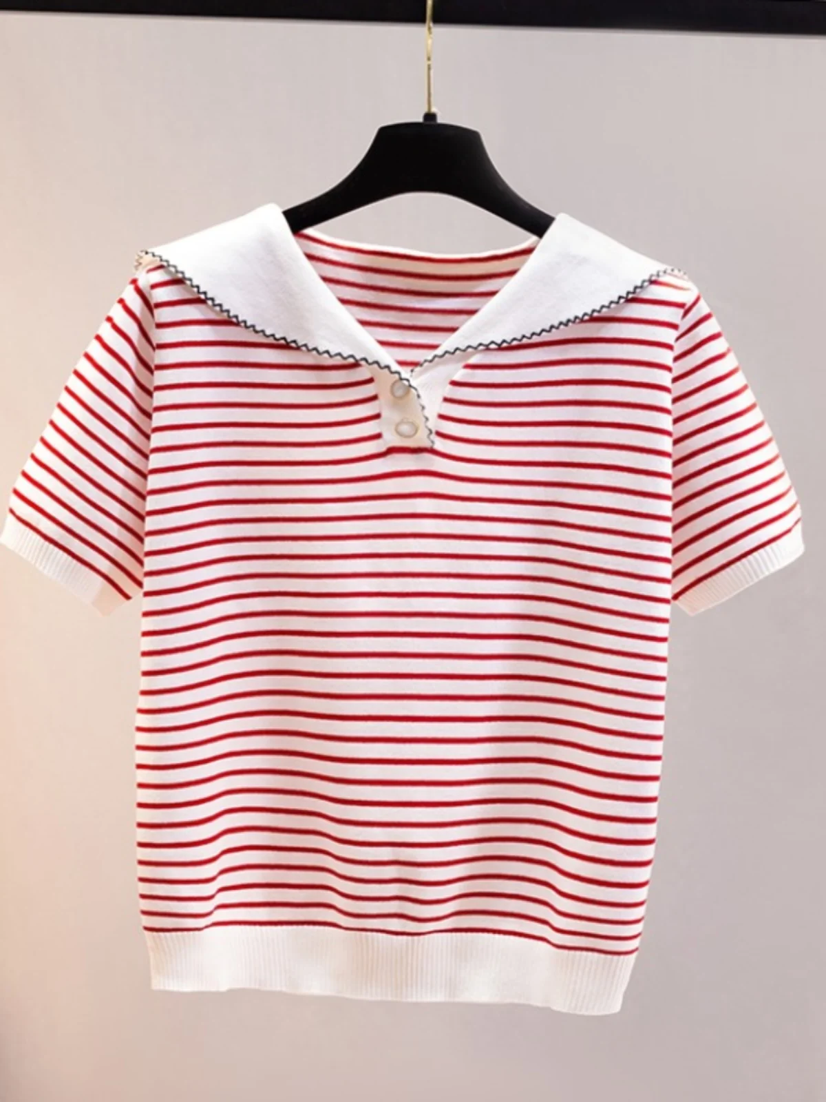 Striped Knitted T-shirt Summer Ice Silk V-Neck Navy Style Short Sleeve Top Women 2024 New Korean Loose Versatile Short Tee