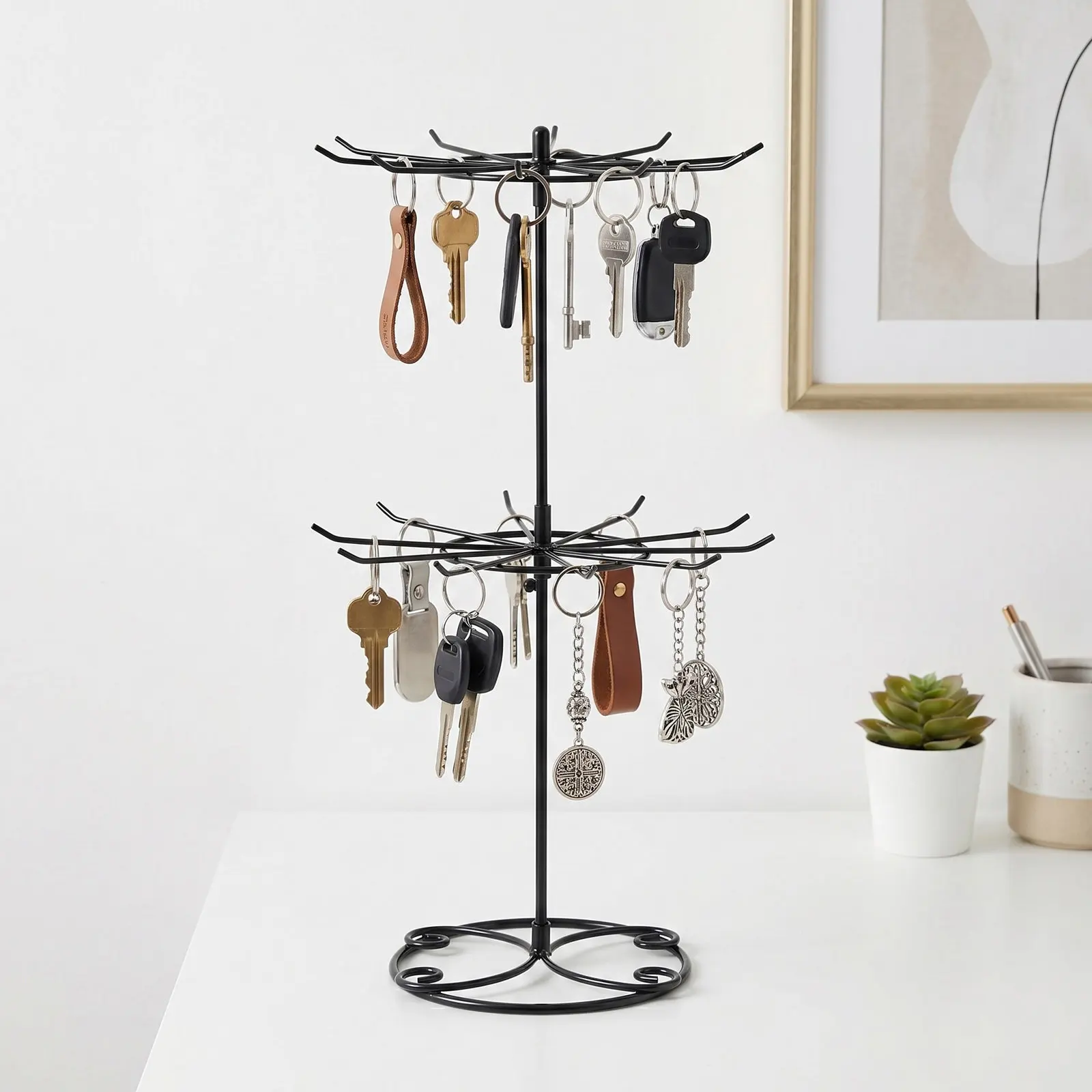 2 Tier Black Metal Rotating Necklace Organizer 16 Hooks Tall Display Stand for Bracelets Earrings Keychains