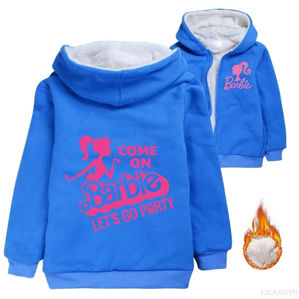 Barbie Baby Girls Cartoon Printed Children Plus Velvet Warm Boys Cotton Jacket Sweatshirt Thick Kids Clothing Jacket