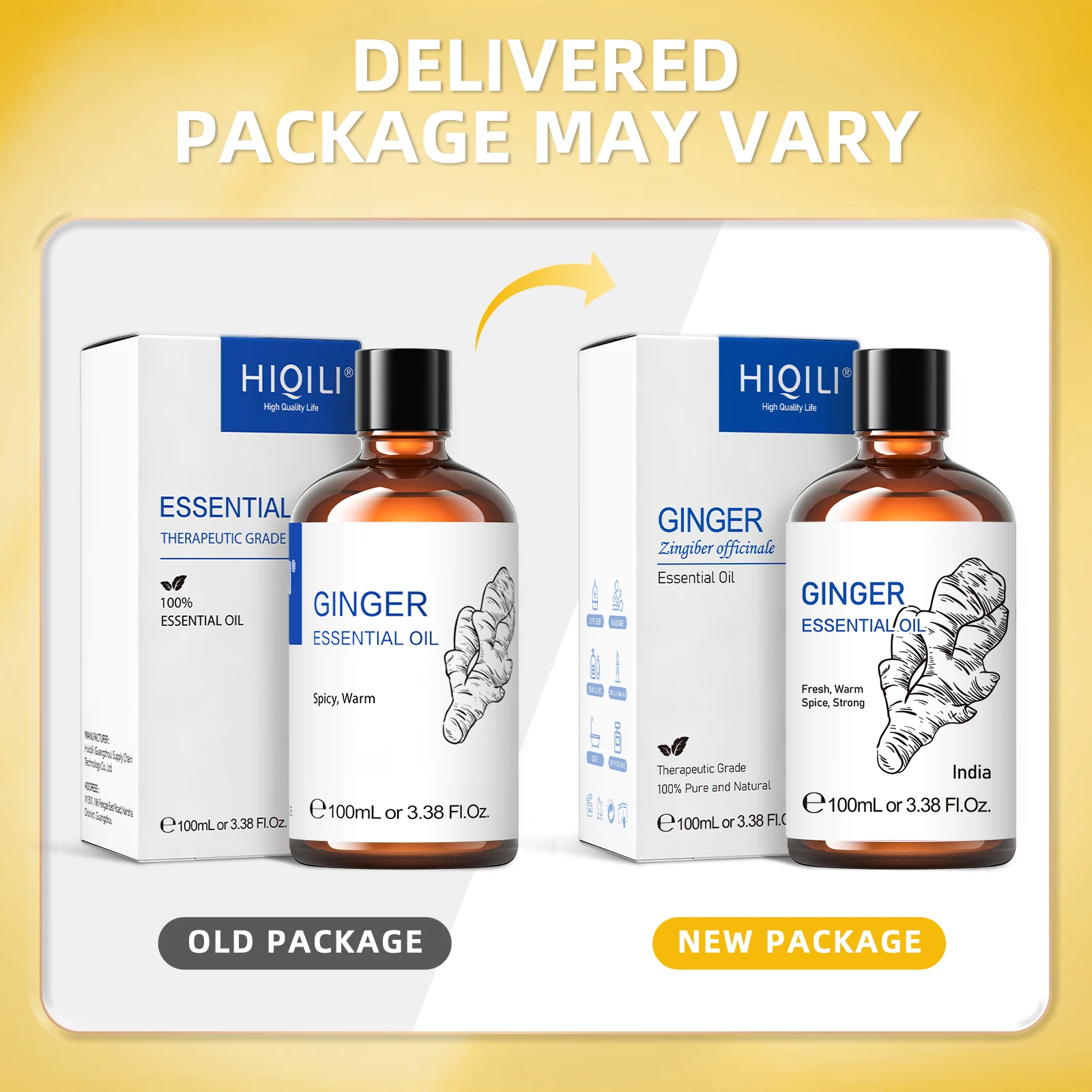 HIQILI 100ML Ginger Essential Oils for Diffuser Humidifier Massage Aromatherapy Aroma Oil for Candle/Soap Making & Hair Care