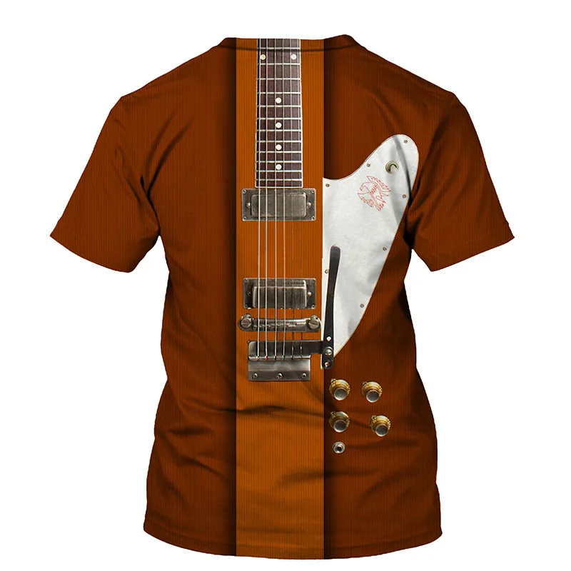 Summer New O-neck Short-sleeved T-shirt 3D Art Guitar Printing Shirt Men\'s Fashion All-match Harajuku Literary Fan Casual Top