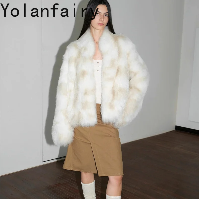 YOLANFAIRY High-end Real Fox Fur Coat Women Luxury Winter Hand Dyed Gradient Print Two-Tone Fashion Elegant Warm Fur Outerwear