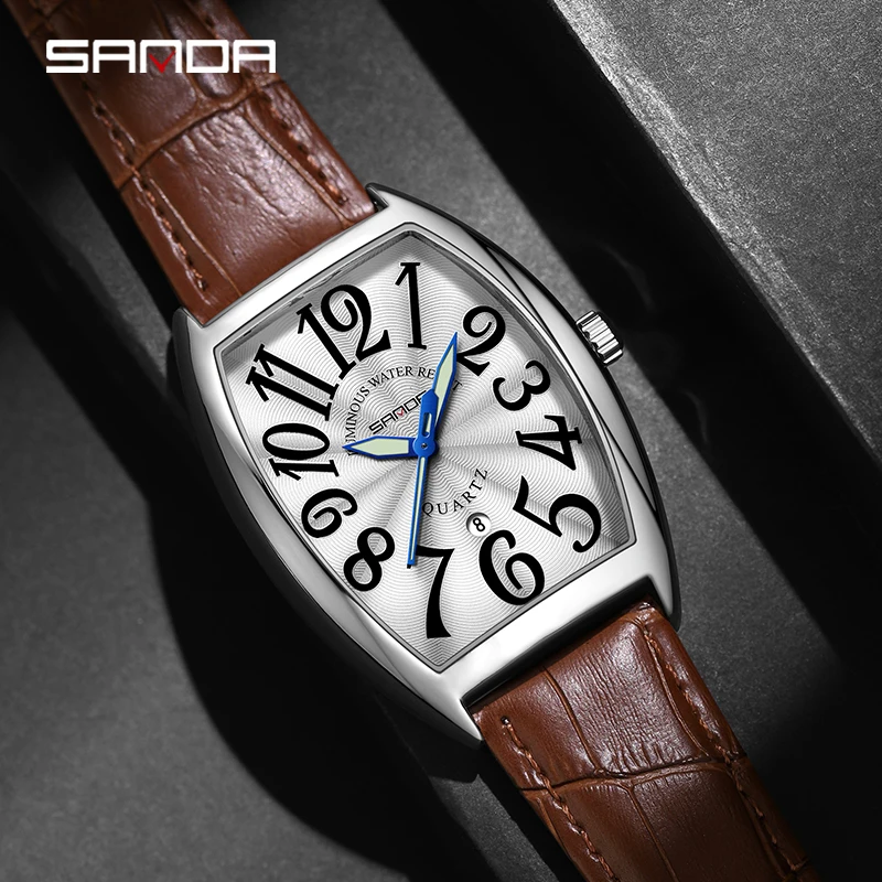 SANDA Fashion Simplicity Leather Strap Quartz Men\'s Wristwatch Waterproof Barrel Shaped Dial Design Business Clock Men\'s Watch