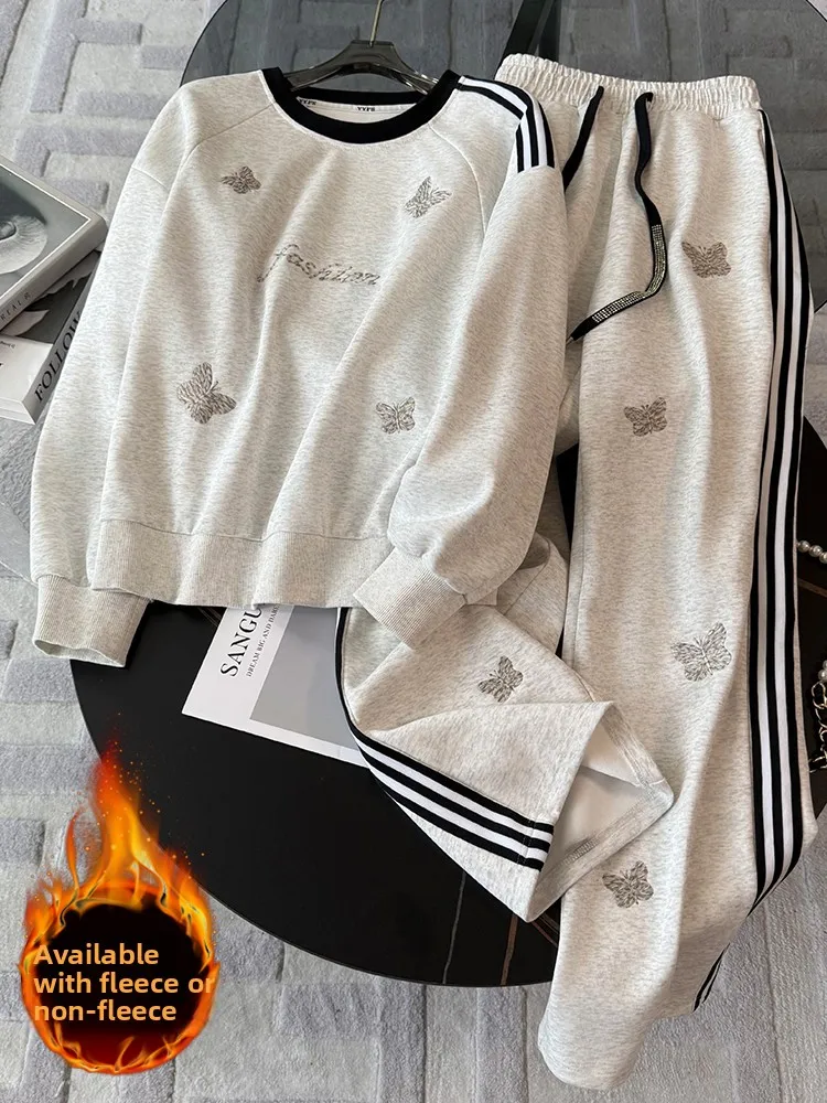 

Winter Casual Sportswear Set Women's Fashion Anti-Aging Fleece Lined Thickened Trendy Sweatshirt Wide Leg Pants Two Piece Set