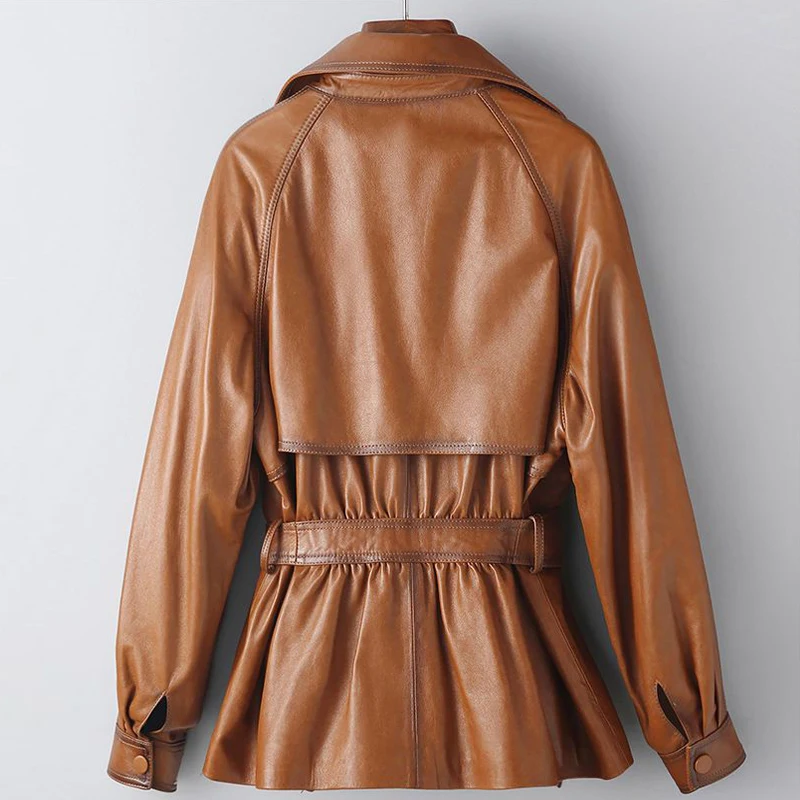 100% Real Sheepskin Women Vintage Brown Leather Jackets Fashion Lapel Collar Belt Ladies Casual First Layer Leather Jackets Tops