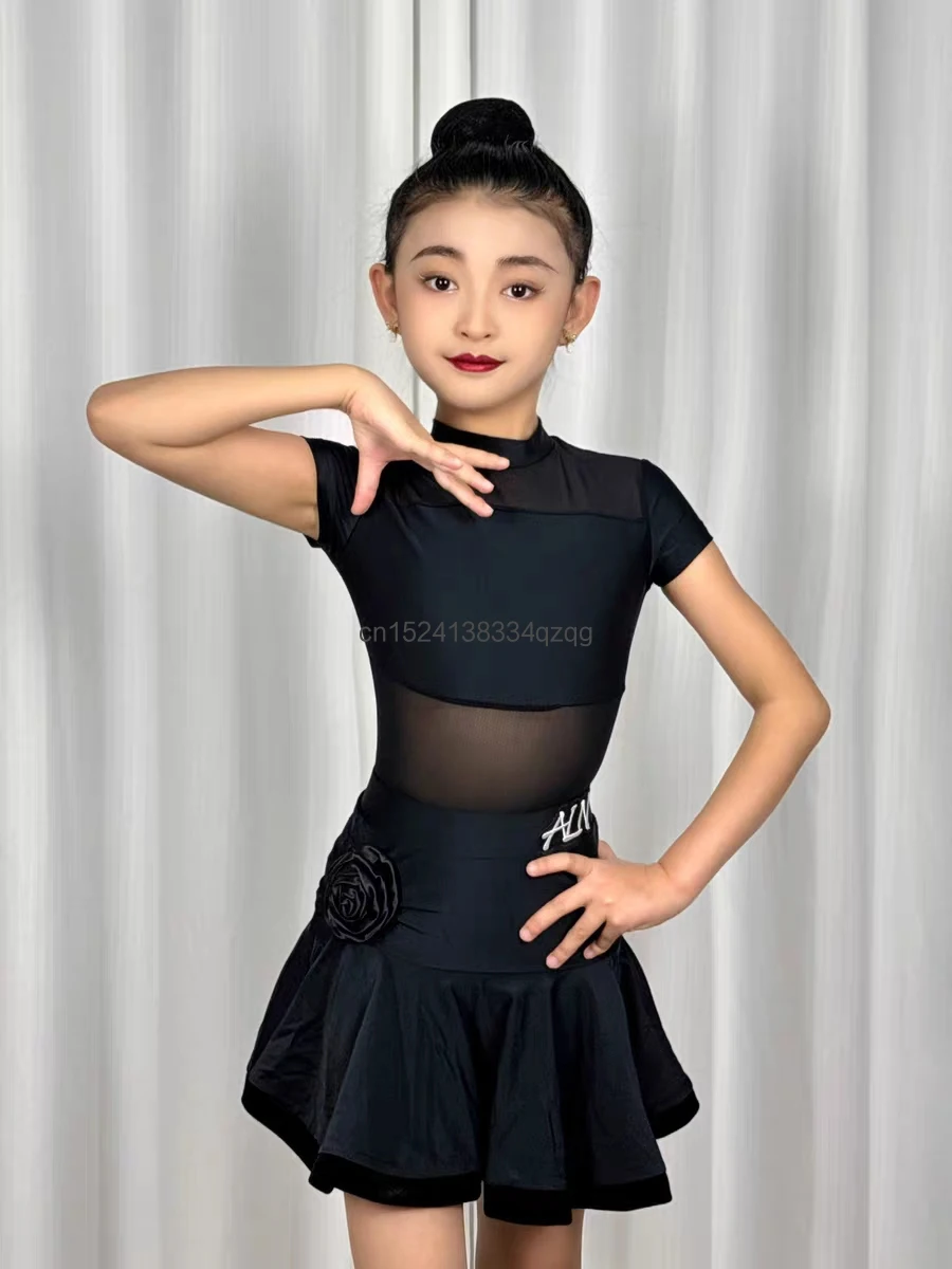 

Детское платье для латинских танцев для девочек, новинка 2025 года, черное платье из сетчатой пряжи, комплект тренировочного платья для чача, самбы, румбы