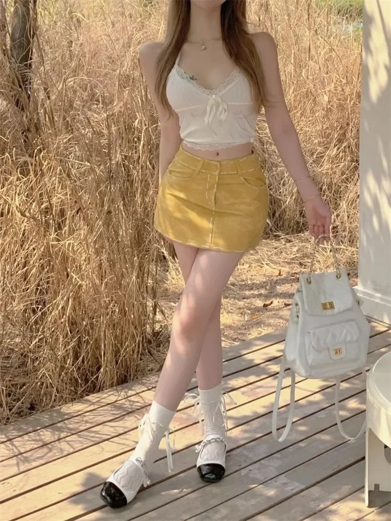 

NICE Yellow PU Leather Mini Skirt Women's Summer Design Sensation Slimming High Waist A- Line Shorts Trendy Female Fashion