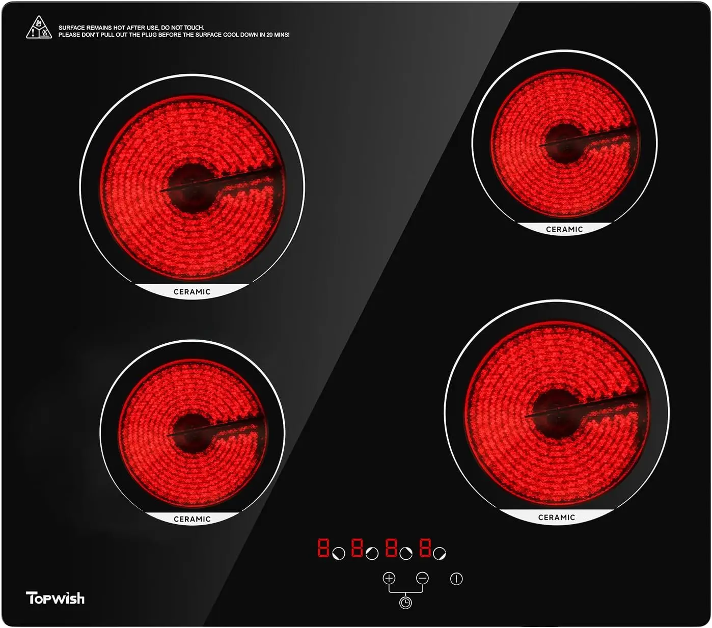 24 Inch Electric Cooktop 4 Burners, Ceramic Drop-in, 6000W, Touch Control, Safety Lock, Timer, 220-240V, Hard Wired