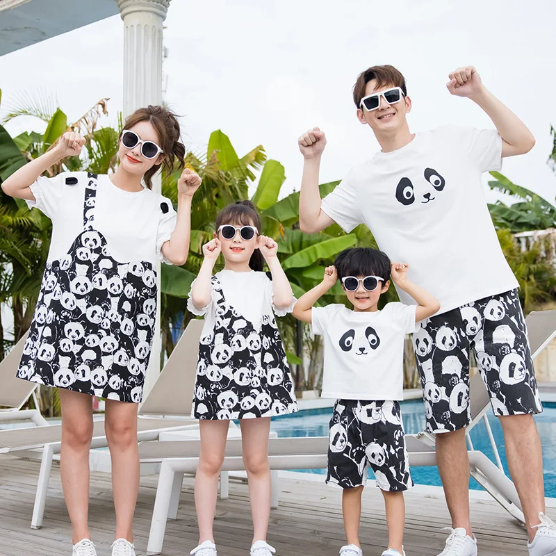 

Matching Funny Clothes for The Family Panda Print Clothing Mother and Daughter Dress Father and Son T Shirts Shorts Outfits Sets