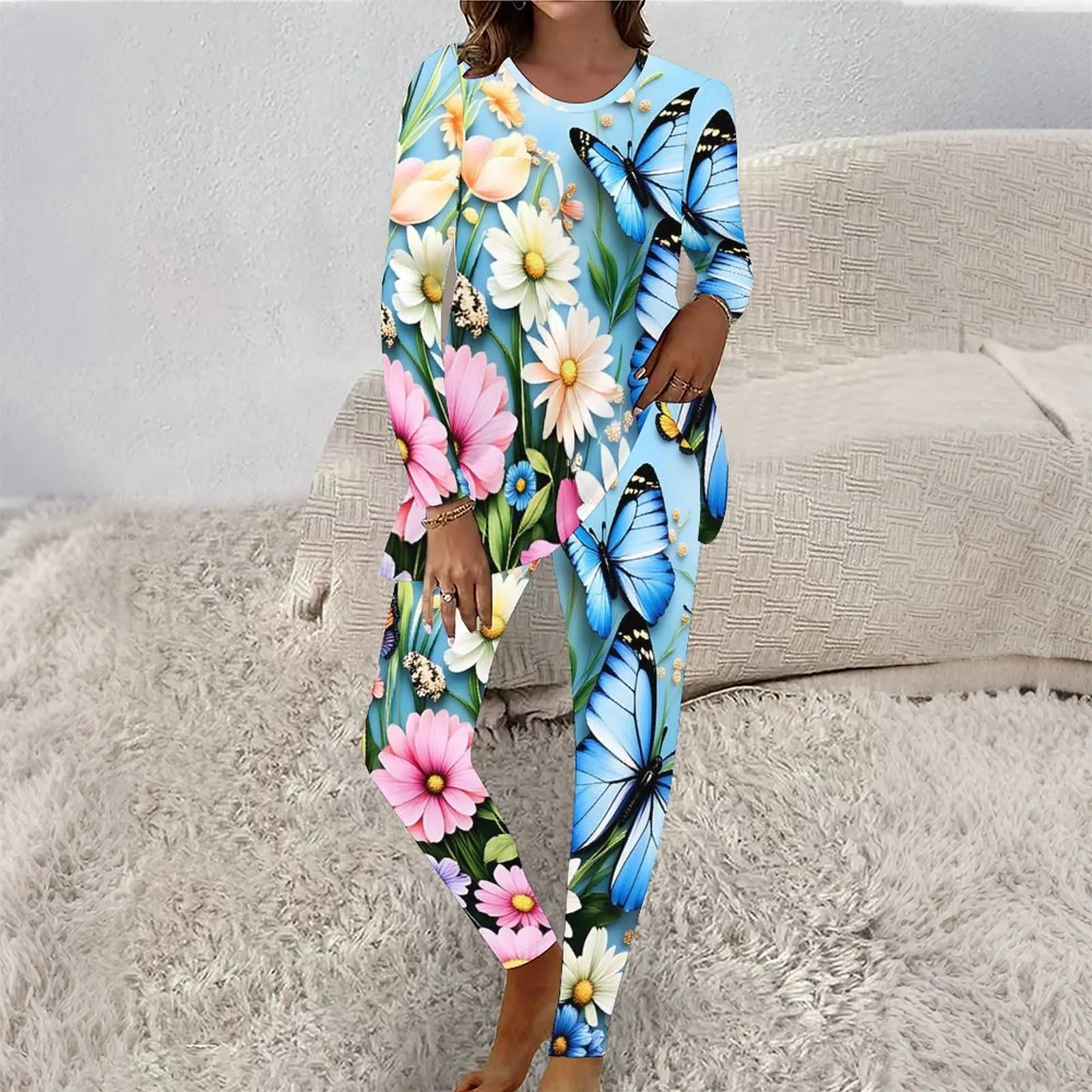 Women Print Two Piece Set Vacation Long Sleeved Fashion Retro Tops Everyday Exercise Leggings