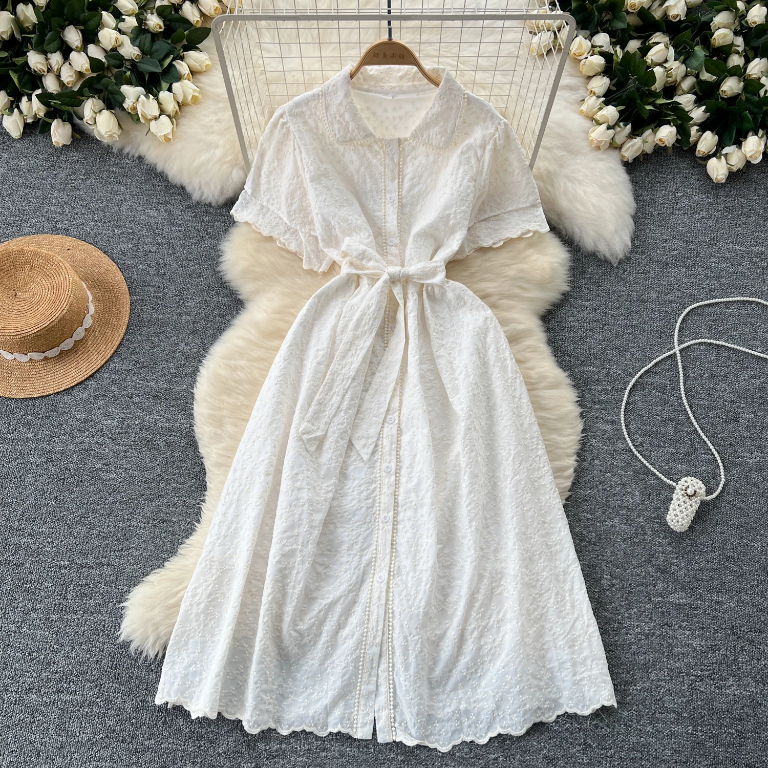 Sexy Chic polo-Neck puff sleeve Single Breasted Dress Elegant Korean Fashion Slim Summer Embroidery dresses