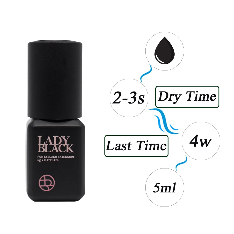 Lady Black Glue Fast Drying for Eyelash Extension 5ml Korea Original Retention 5-6 Weeks Low Irritation No Smell Lash Glue